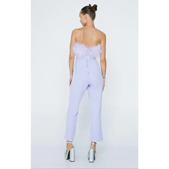 NWT Nasty Gal Feather Strapless Jumpsuit Lavender - Picture 2 of 12